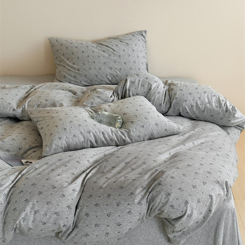 Knit Cotton Duvet Cover Set – Grey Bear Print Bedding