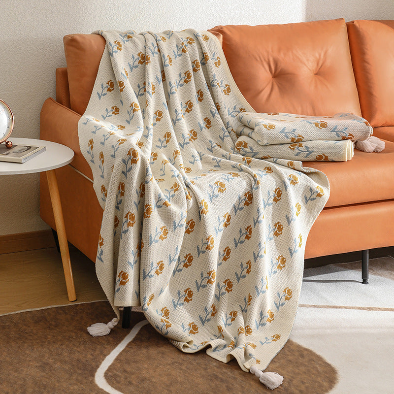 Knitted Throw Blanket – Mustard Rose Pattern with Tassels  51" x 67"