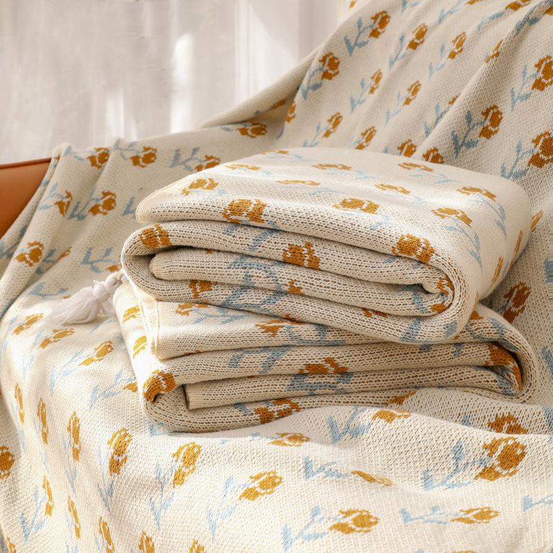 Knitted Throw Blanket – Mustard Rose Pattern with Tassels  51" x 67"