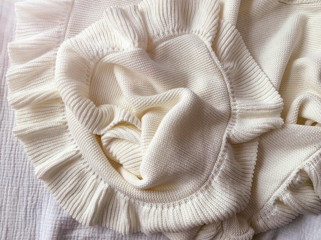 Knitted Ruffle Baby Blanket – Soft Cotton Crib Throw