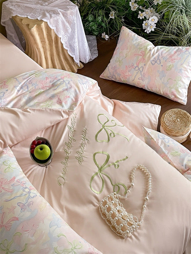 Pink Coquette Embroidered Duvet Cover Set