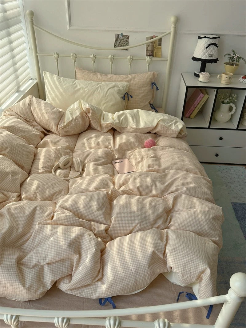 Cream Beige Gingham Duvet Cover Set