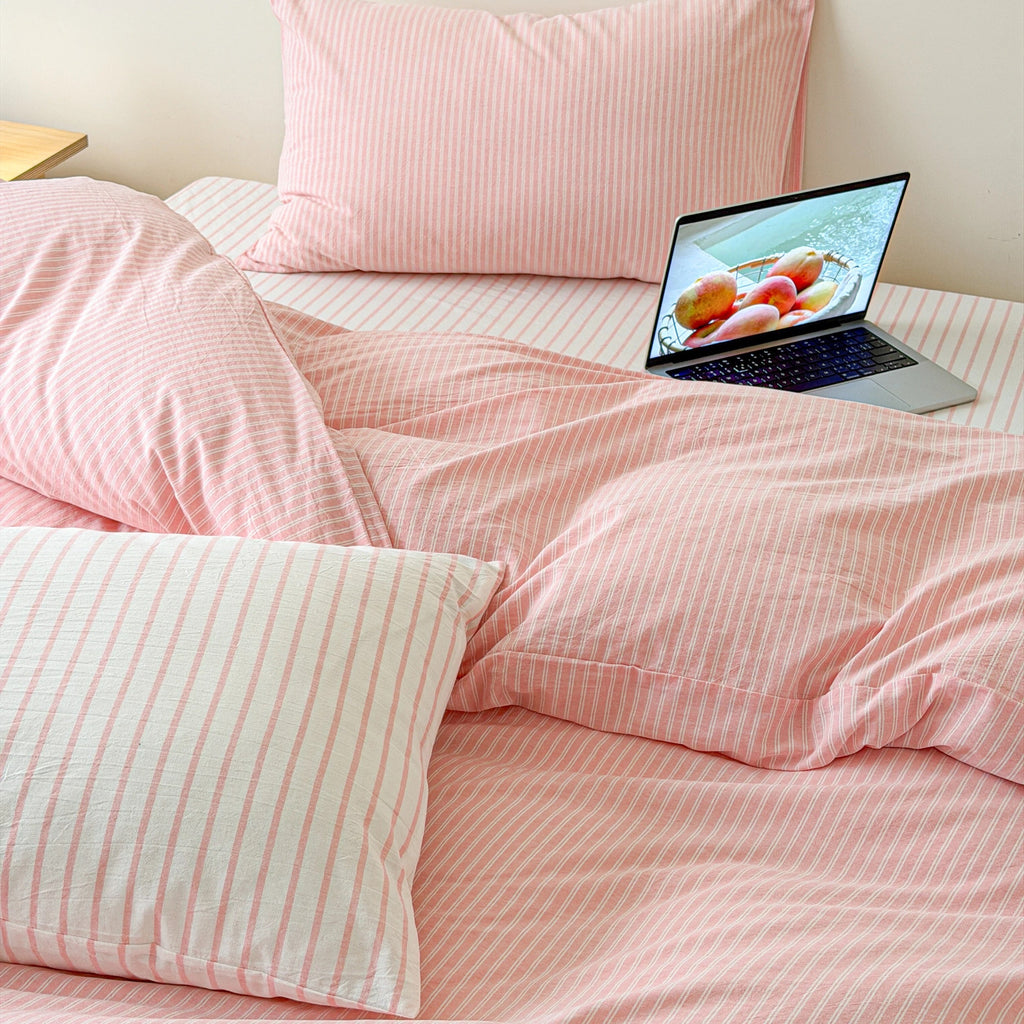 Soft Pink Striped Cotton Duvet Cover Set