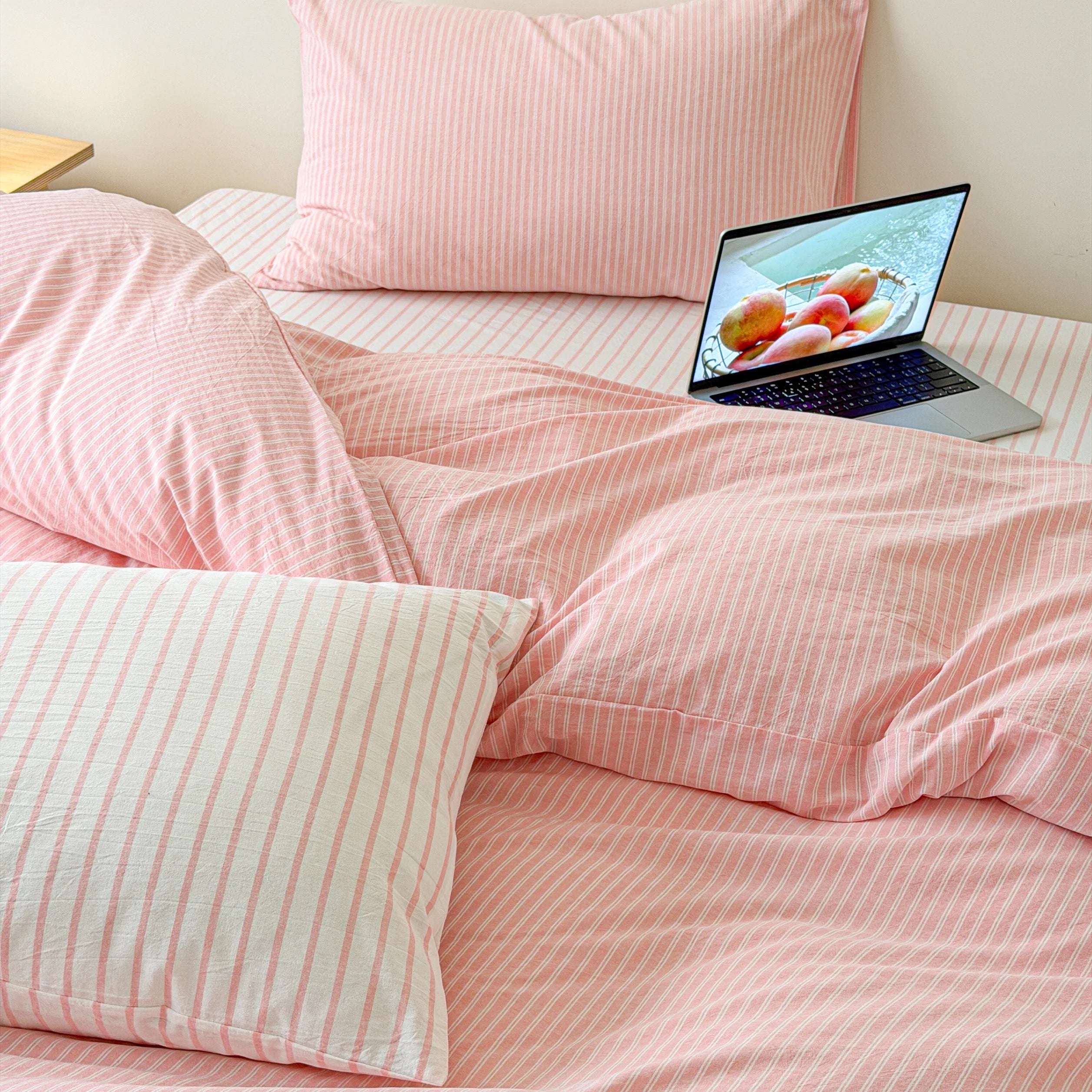Soft Pink Striped Cotton Duvet Cover Set