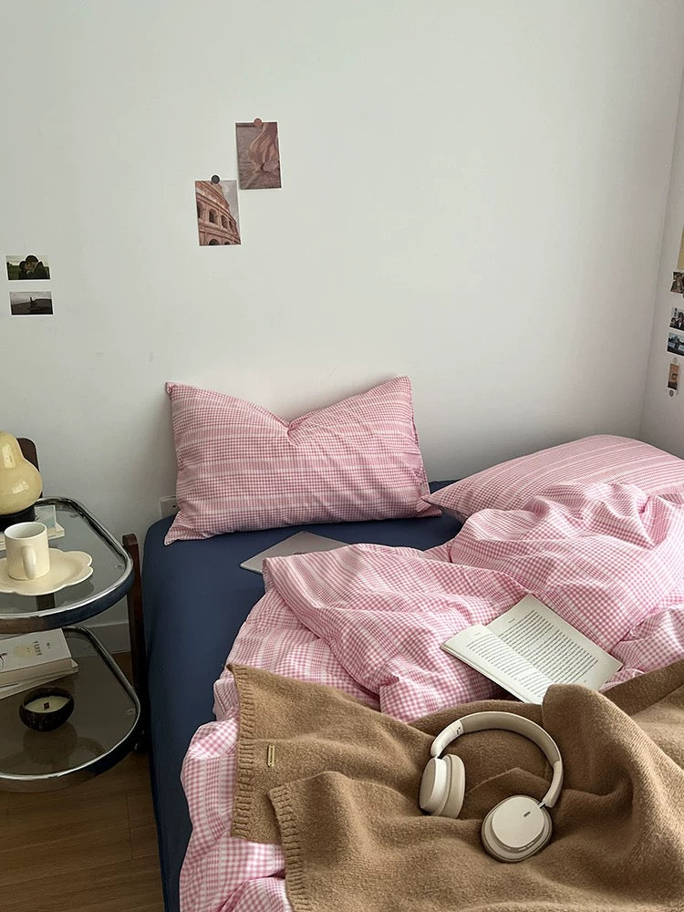 Pink Gingham Aesthetic Duvet Cover Set