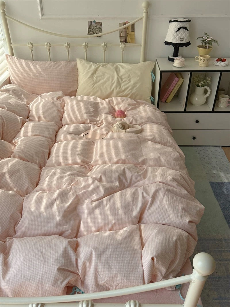 Pastel Pink Gingham Duvet Cover Set