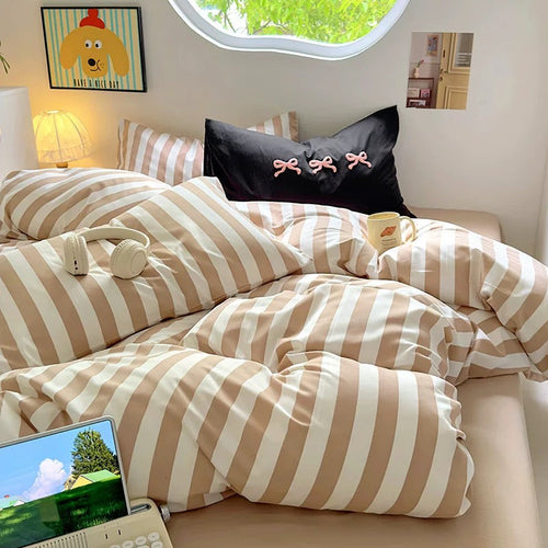 Beige Striped Cotton Bedding Set