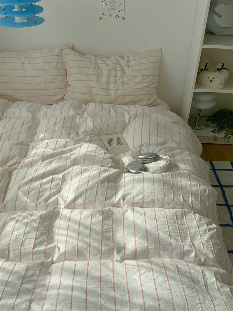 Clean Girl Aesthetic Blue Striped Bedding Set Pink