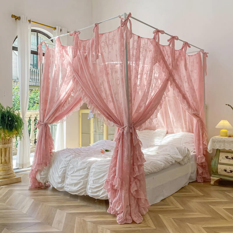 4 Poster Bed Canopy Curtains – Floral Lace with Ruffle Trim Pink
