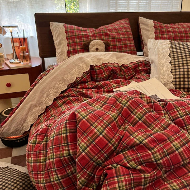 Cottagecore Red Plaid Bedding Set