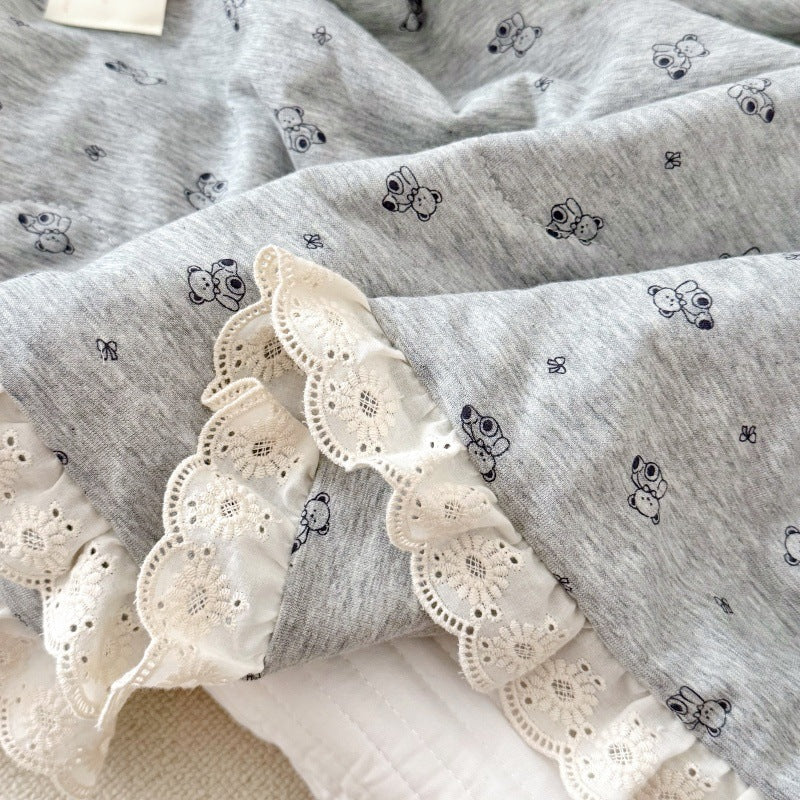 Grey Bear Baby Comforter – Cotton Jersey with Lace Trim