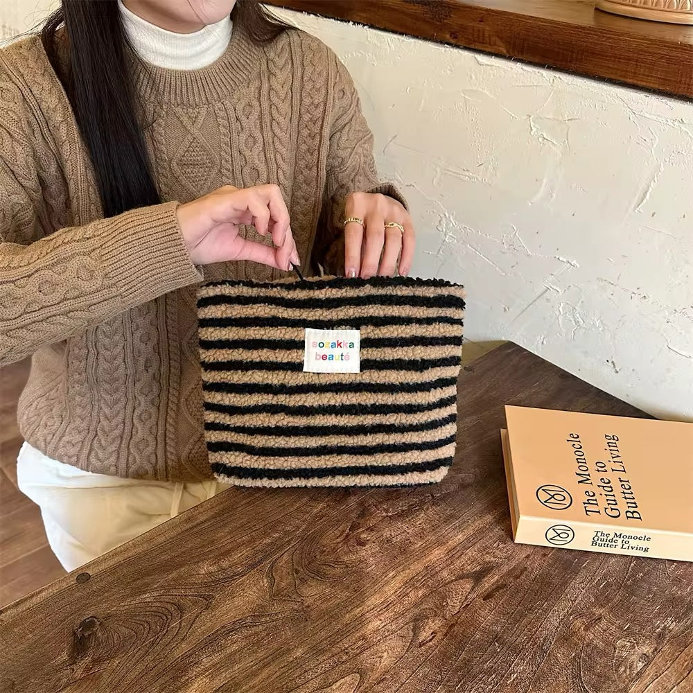 Colorful Plush Cosmetic Bag Brown