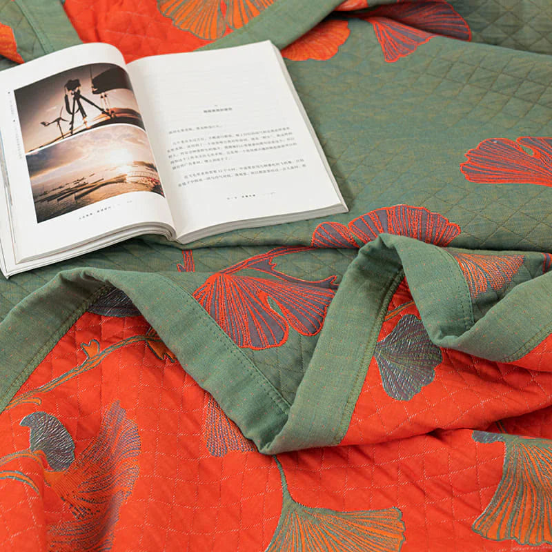 Orange Bloom Ginkgo Quilt Bedding Set