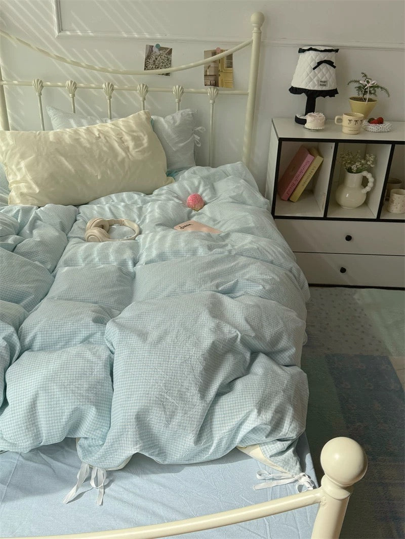 Pastel Blue Gingham Duvet Cover Set