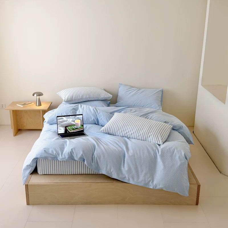 Soft Pink Striped Cotton Duvet Cover Set