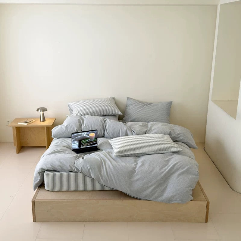 Soft Pink Striped Cotton Duvet Cover Set