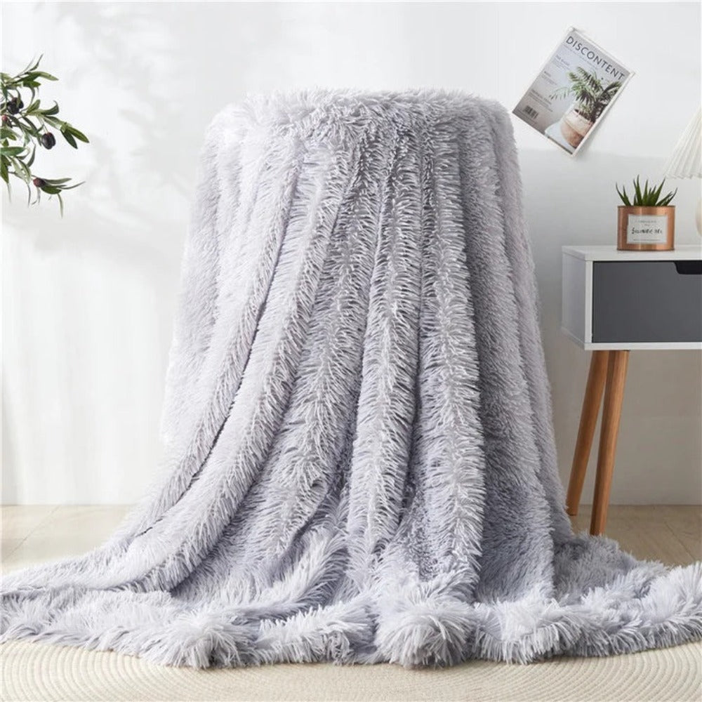 Fuzzy Faux Fur Blanket Throw Light Gray