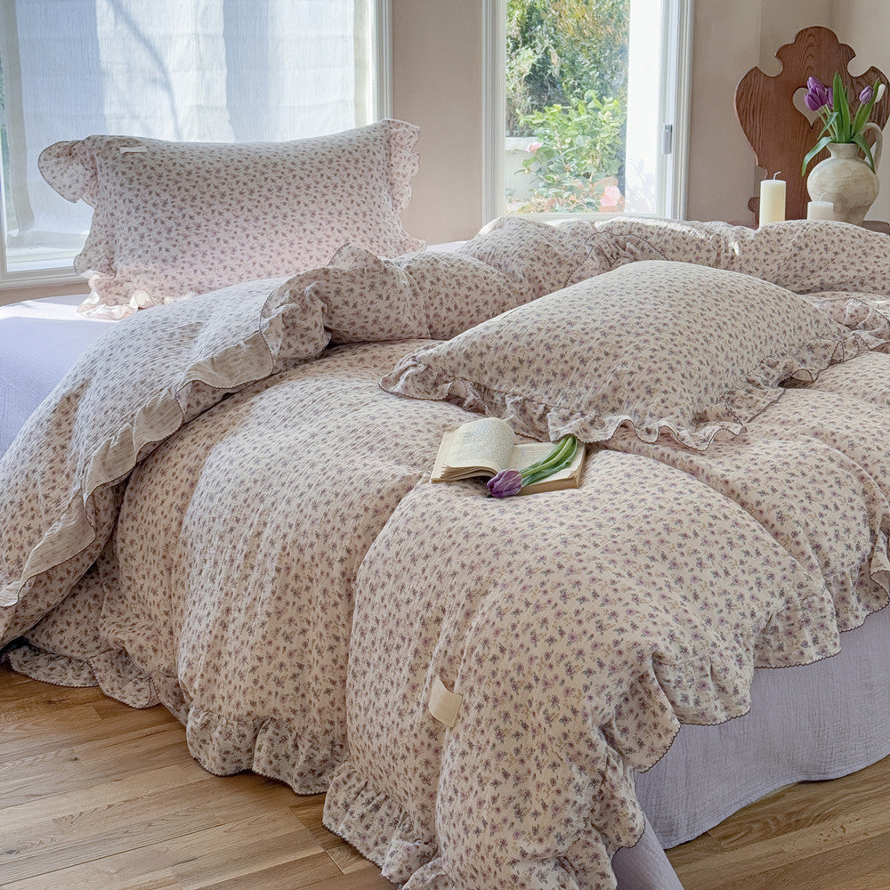 Purple Floral Duvet Cover Set – Cotton Muslin with Ruffles