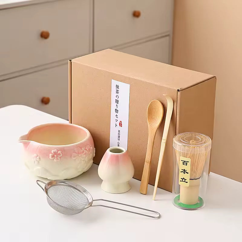 Japanese Matcha Tea Set 6-Piece Pink Beige