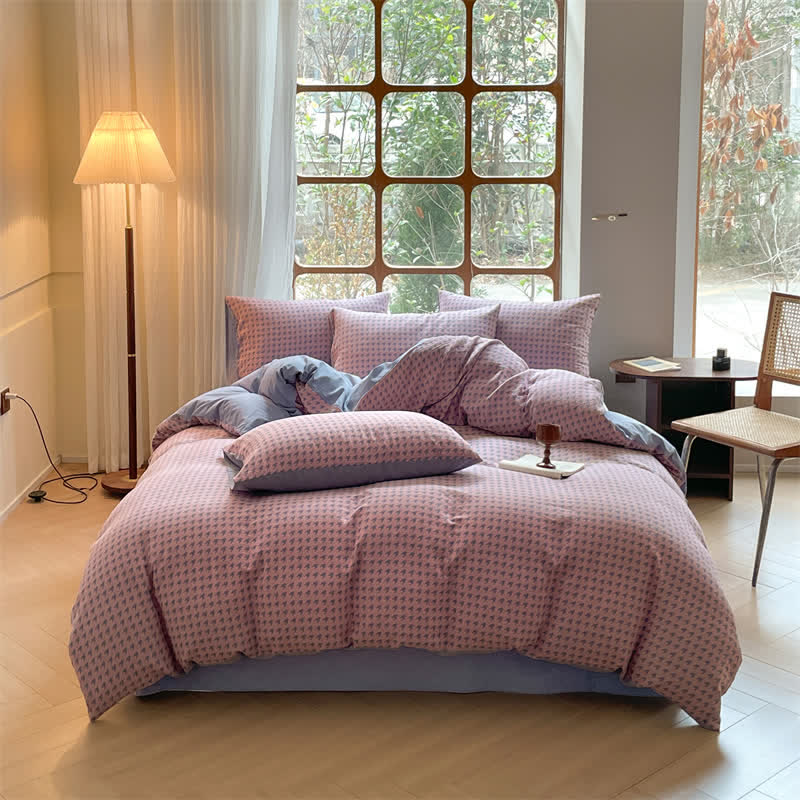 Cotton Duvet Cover & Bedding Set - Houndstooth Design Pink & Gray