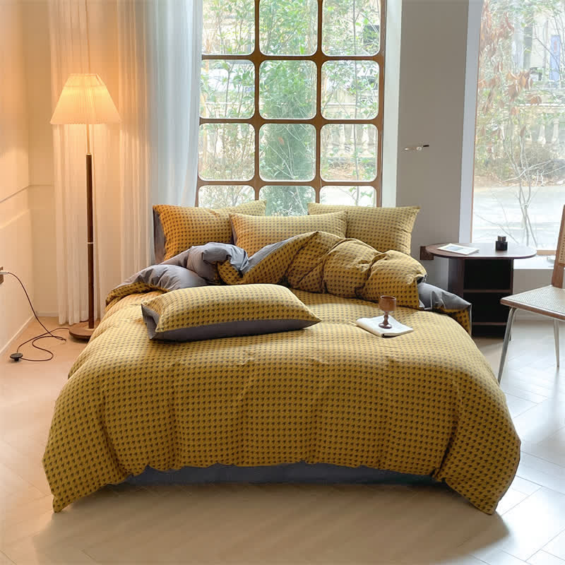 Cotton Duvet Cover & Bedding Set - Houndstooth Design Yellow & Gray