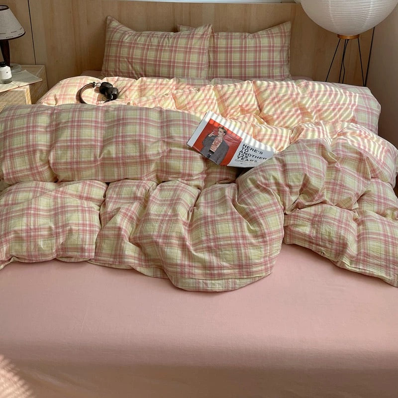 Pink Plaid Cotton Duvet Cover Set