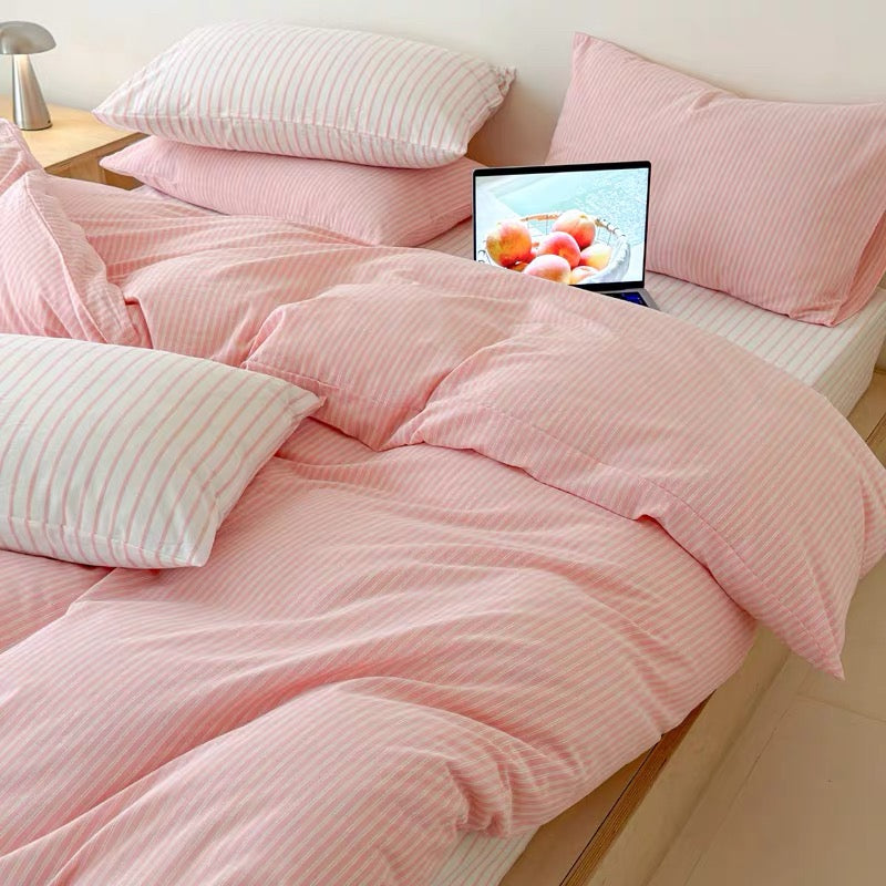 Soft Pink Striped Cotton Duvet Cover Set