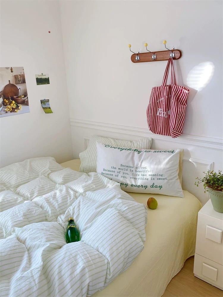 Pink & Yellow Striped Cotton Duvet Cover Set Yellow & Green