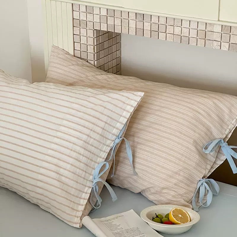 Pastel Striped Bow Pillowcase Beige