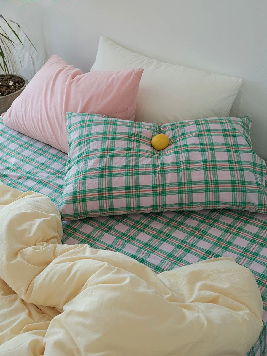 Pink & Mint Green Plaid Duvet Cover Set