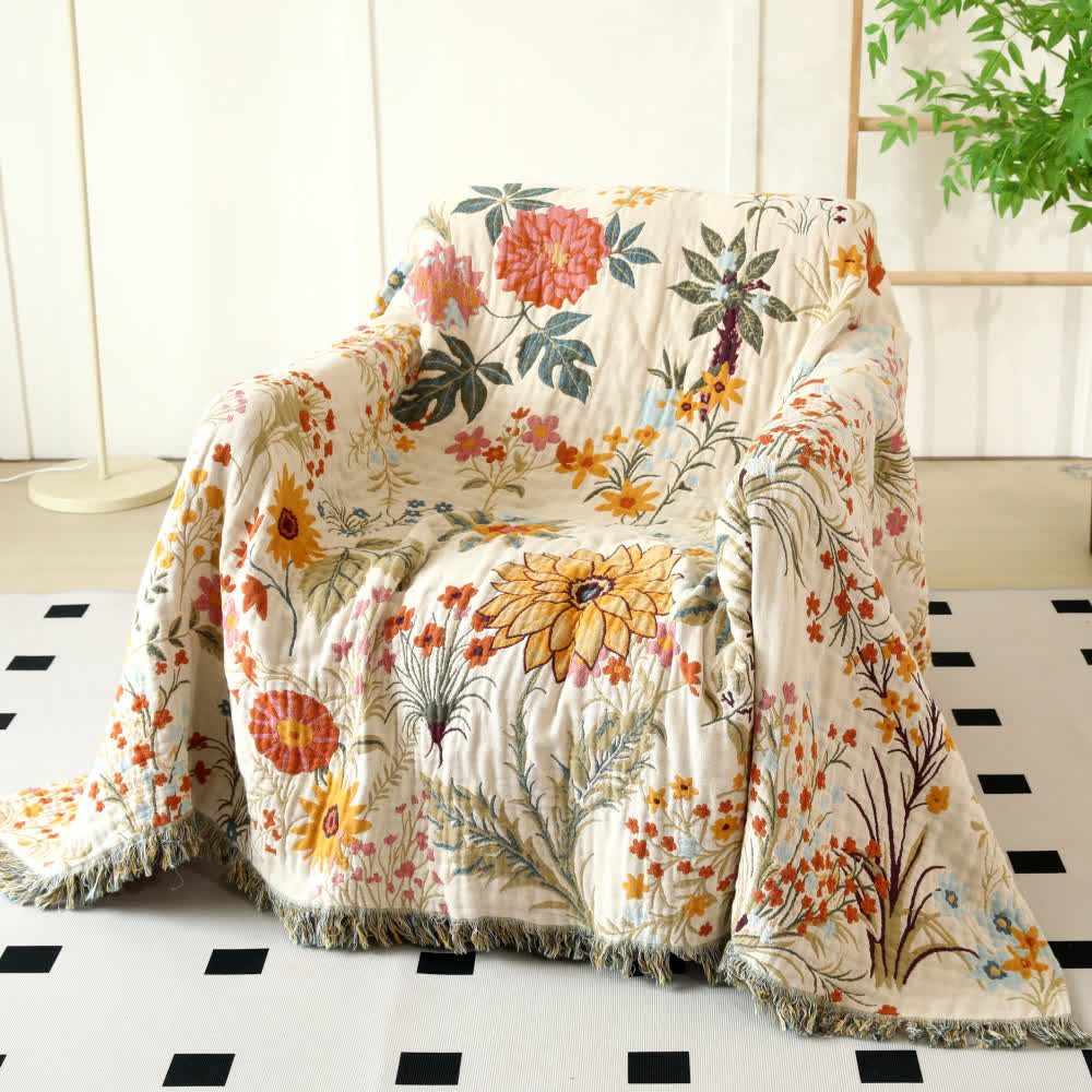 Cotton Couch Cover - Sunflower Pattern with Tassels