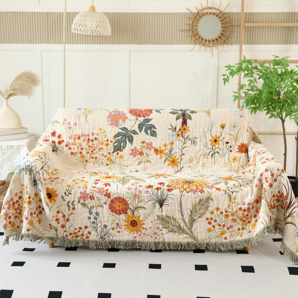 Cotton Couch Cover - Sunflower Pattern with Tassels