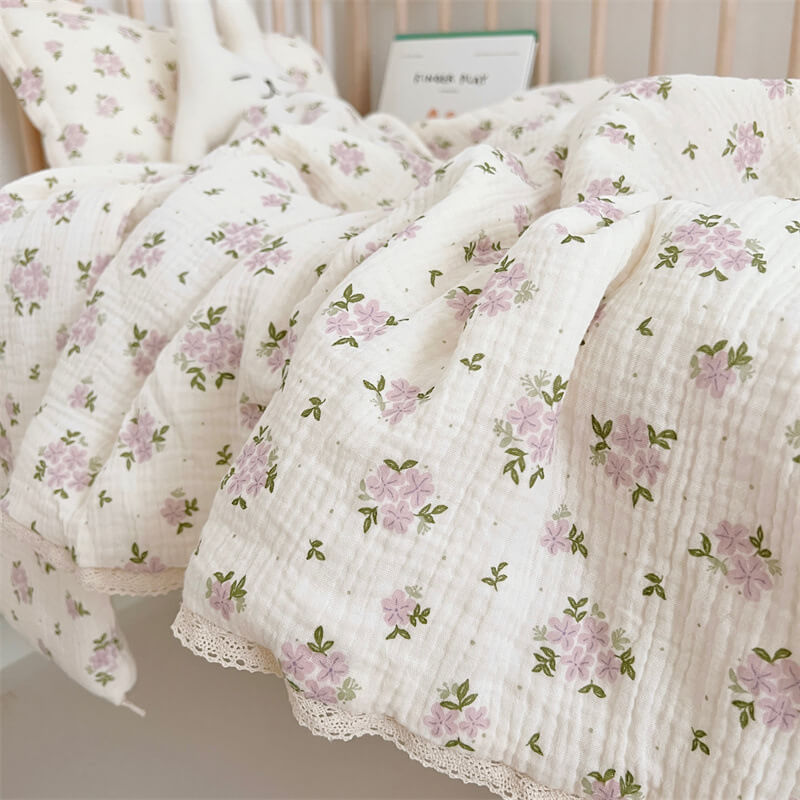 Lavender Floral Kids Comforter – Cotton Muslin with Lace Trim