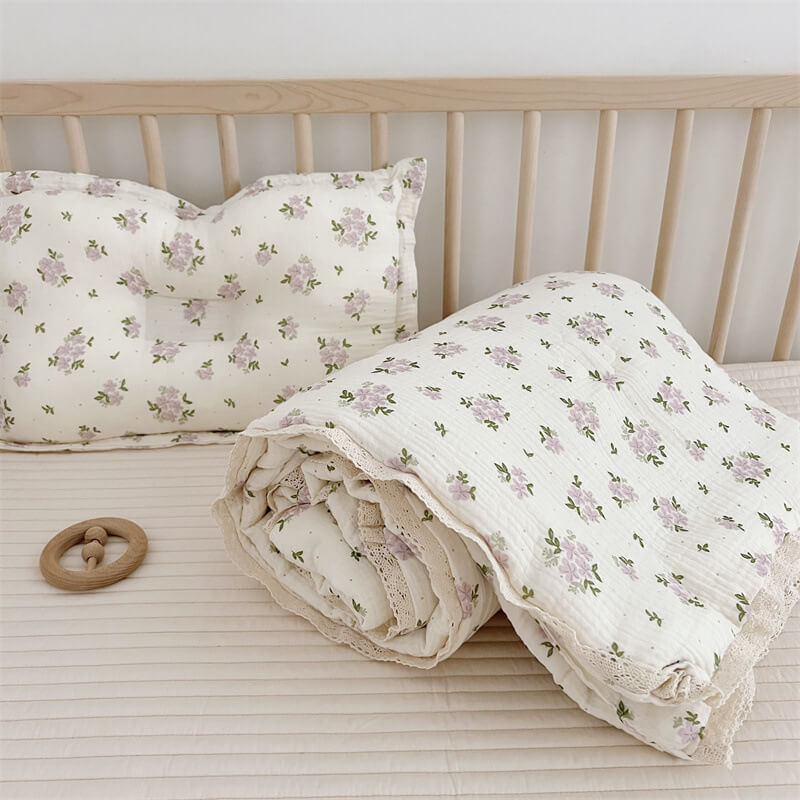 Lavender Floral Kids Comforter – Cotton Muslin with Lace Trim