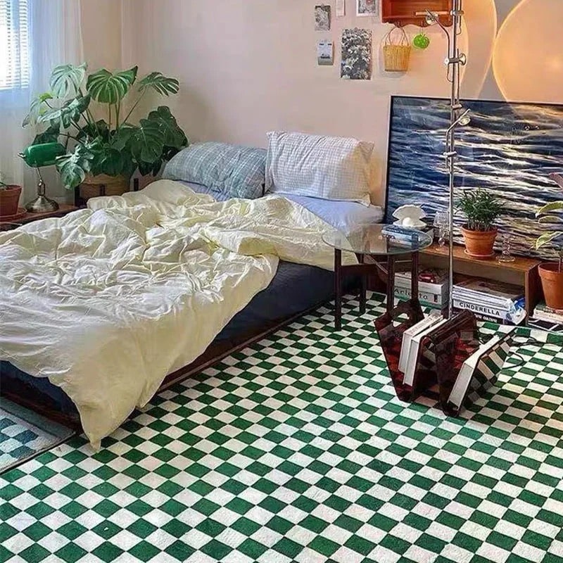 Handmade Retro Checkerboard Rug Green