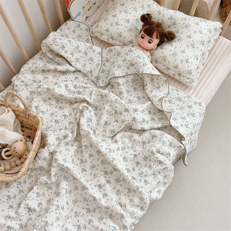 Floral Muslin Toddler Blanket & Pillow Set – Sage Green Print