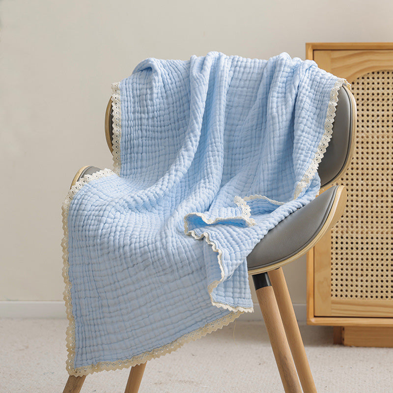 6-Layer Muslin Baby Blanket with Lace Trim Blue