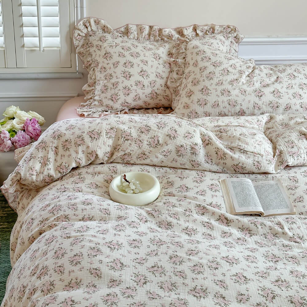 Rosebud Pink Floral Duvet Cover Set – Ruffled Cotton Muslin