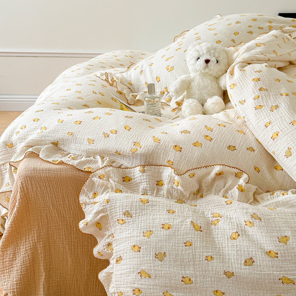 Duckling Print Duvet Cover Set – Cotton Muslin with Ruffles