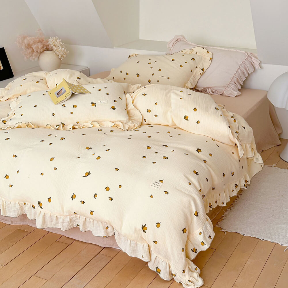 Zesty Lemon Cotton Muslin Duvet Cover Set – Ruffle Trim Bedding