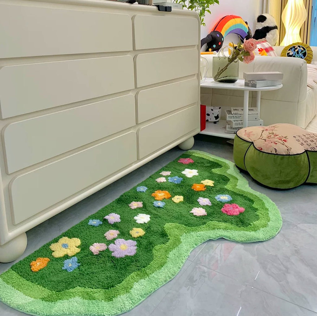 Green Floral Bedroom Rug