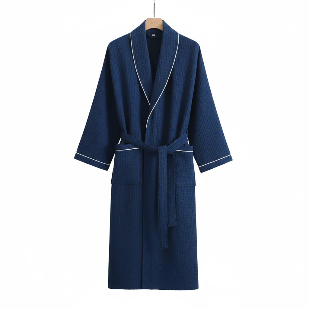 Long Sleeve Waffle Cotton Bathrobe Navy