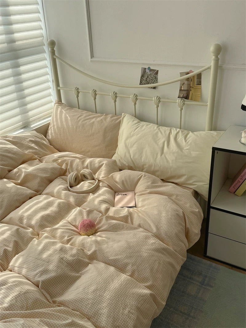 Cream Beige Gingham Duvet Cover Set