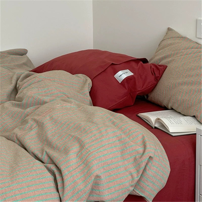 Red & Beige Striped Cotton Bedding Set