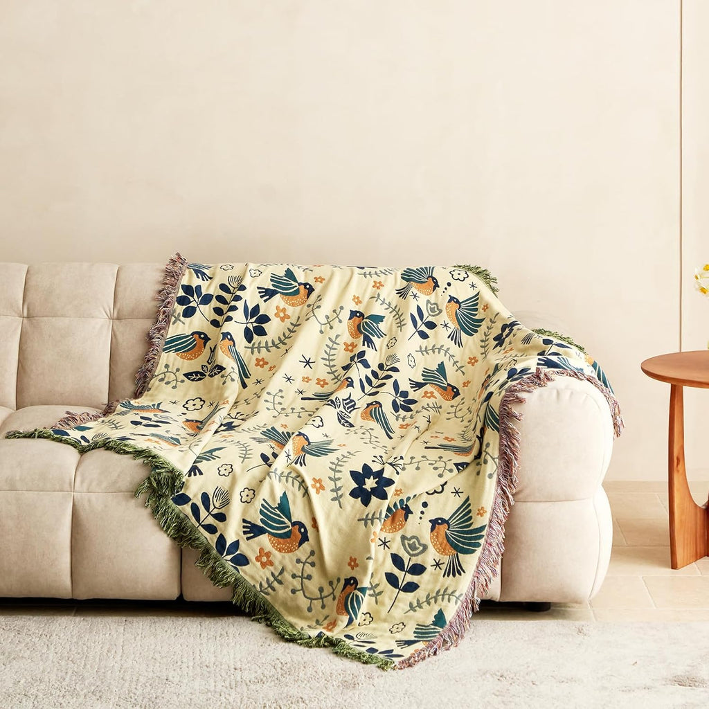 Cotton Throw Blanket - Couch Cover with Reversible Bird Design