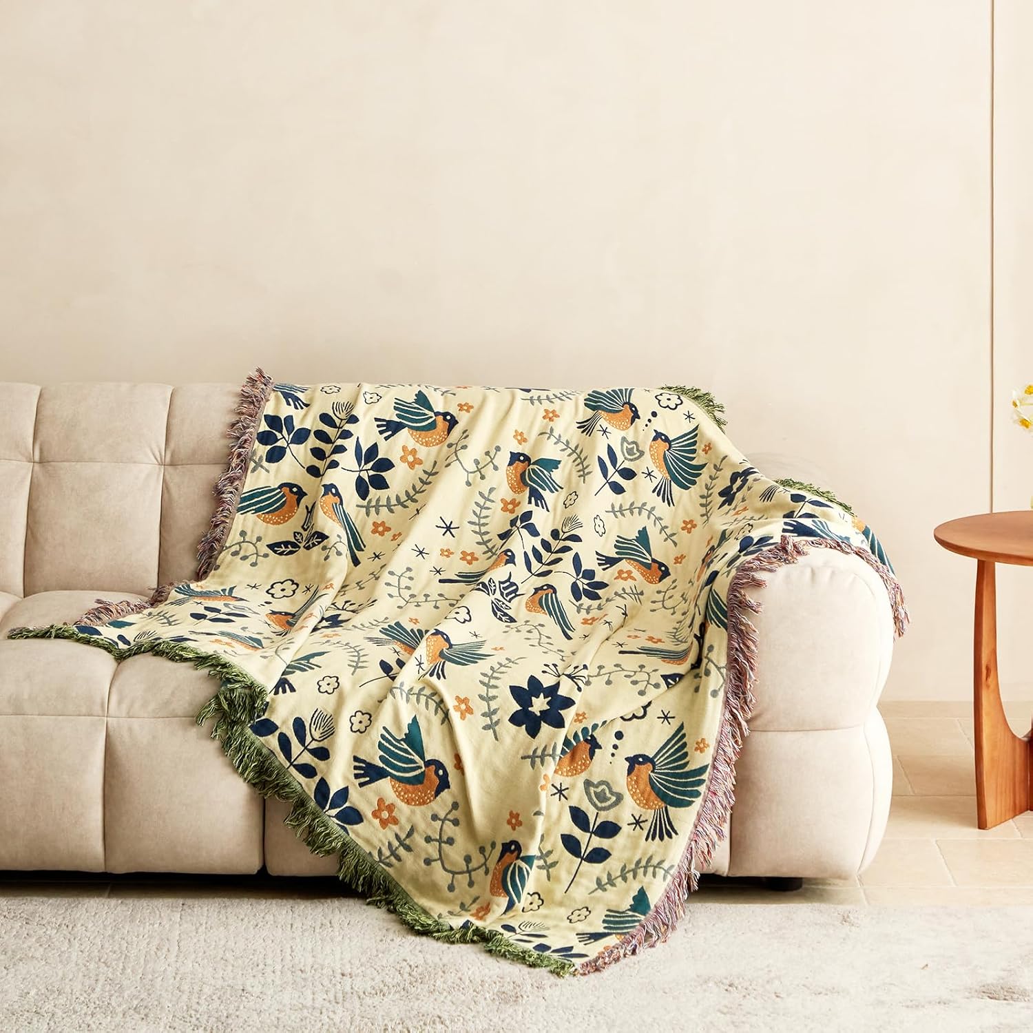Cotton Throw Blanket - Couch Cover with Reversible Bird Design