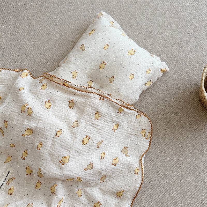 Cotton Muslin Baby Blanket Set – Animal Print Collection Blanket + Pillow Duck