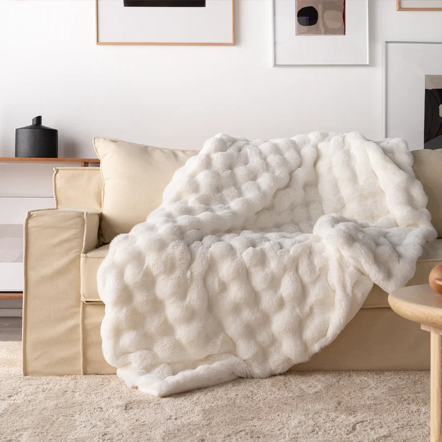 Rabbit Faux-Fur Blanket Throw Ivory Cream