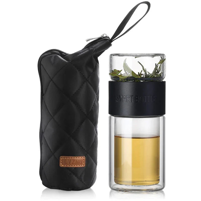 Tea Infuser Bottle - Double Wall Glass Black