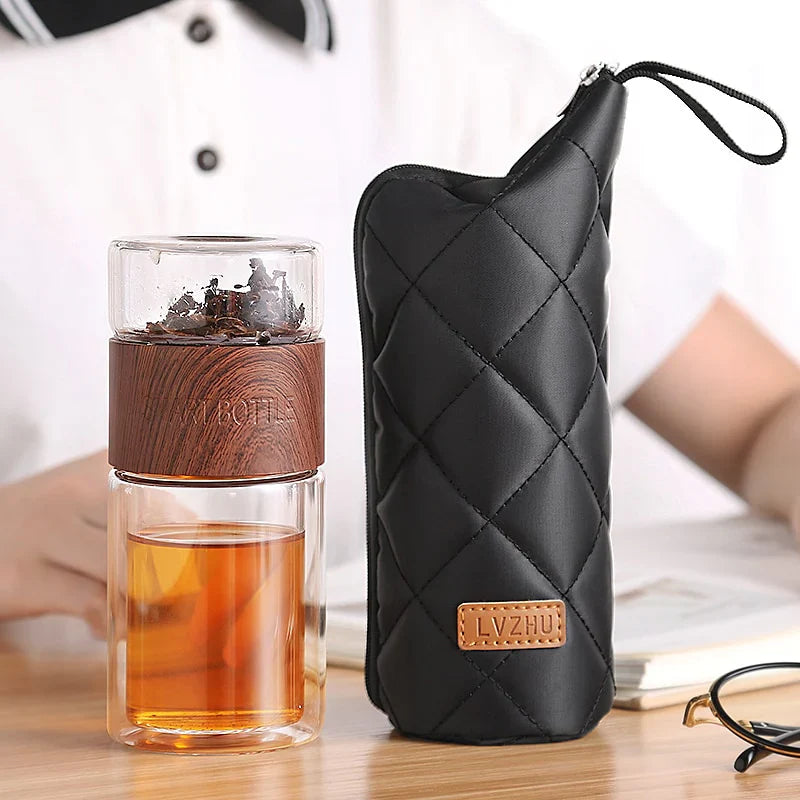 Tea Infuser Bottle - Double Wall Glass Wood